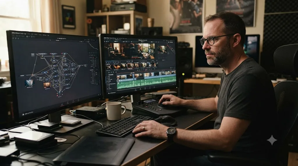 Illustration of an experienced editor confident on the Edit page but hesitant in front of a DaVinci Resolve Fusion node tree