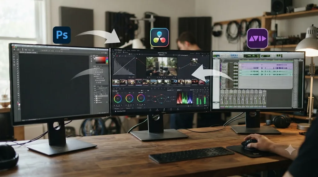 Illustration of skills transferring from Photoshop, Pro Tools, and After Effects into different DaVinci Resolve pages