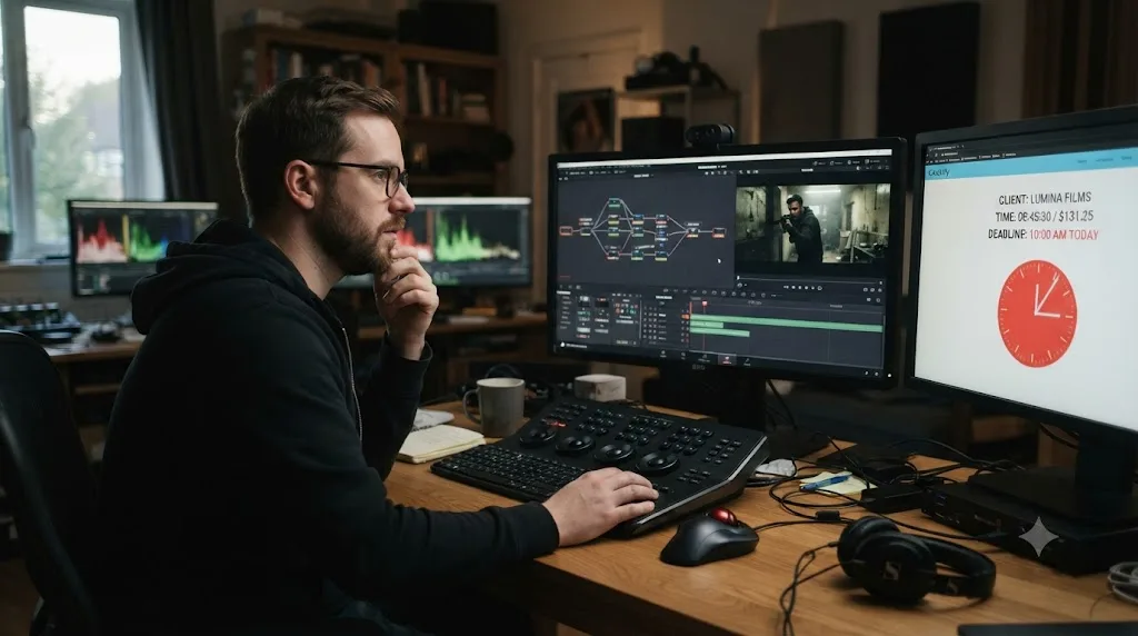Illustration of a freelance DaVinci Resolve editor weighing a stuck moment against a client deadline