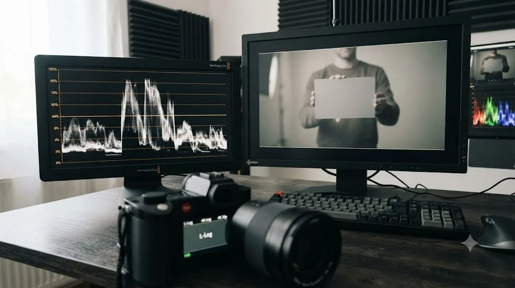 Illustration of a waveform monitor showing a Leica SL3 gray card exposed to 44% IRE for correct L-Log middle gray