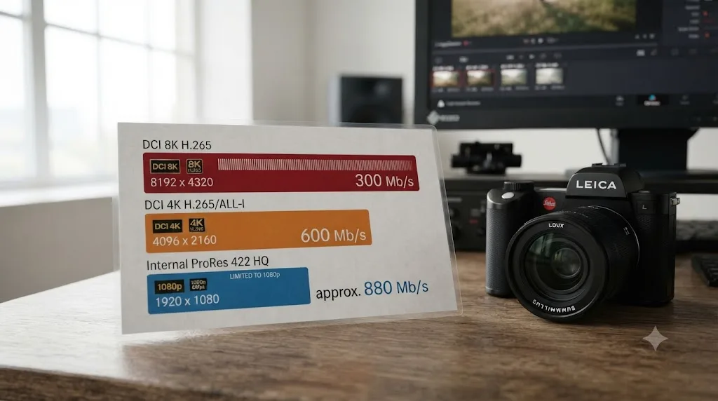 Illustration of a bitrate comparison chart for the Leica SL3's DCI 8K H.265, DCI 4K, and internal ProRes 422 HQ recording modes