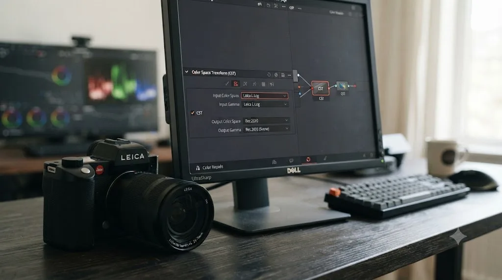 Illustration of a Leica SL3 camera next to a DaVinci Resolve Color Space Transform panel set to Rec.2020 for L-Log footage