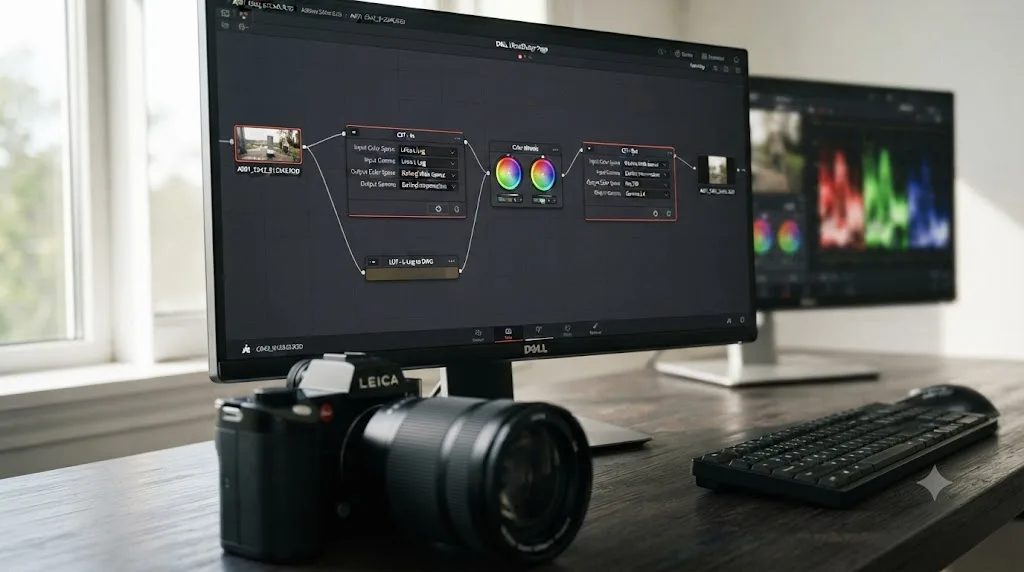 Illustration of a DaVinci Resolve node graph with two Color Space Transform nodes converting Leica SL3 L-Log footage to Rec.709 output