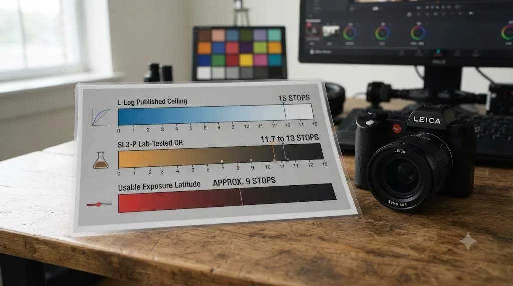 Illustration of a dynamic range chart comparing Leica L-Log's 15-stop published ceiling against lab-tested real-world stops on the SL3-P