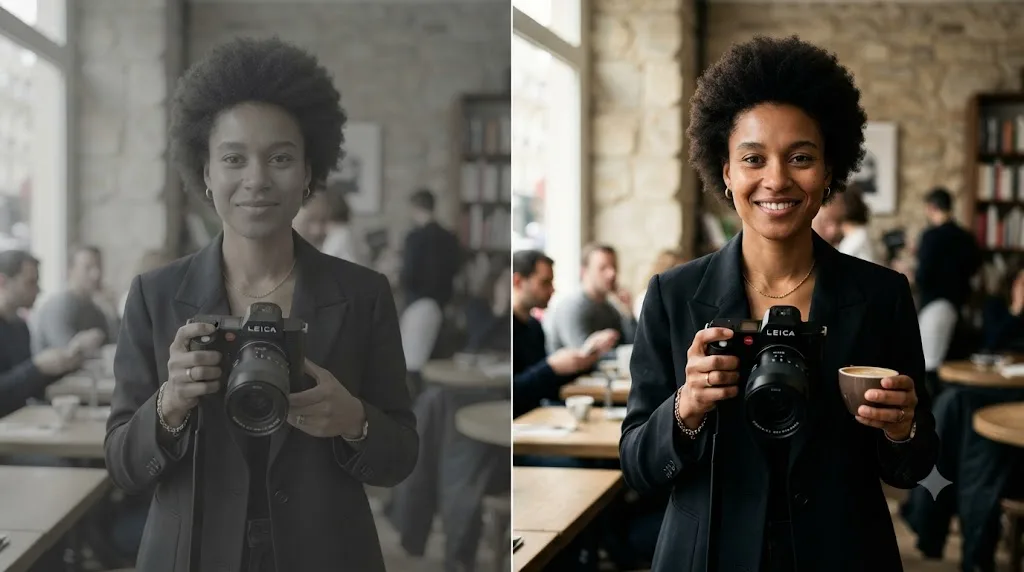 Illustration comparing a flat Leica SL3 L-Log frame against the same frame after Leica's official Classic conversion LUT is applied