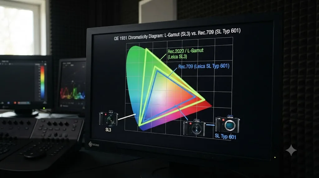 Illustration comparing the Rec.2020 L-Gamut triangle used by the Leica SL3 against the narrower Rec.709 gamut used by the older SL Typ 601