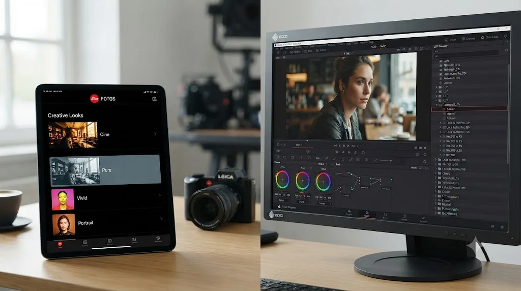 Illustration of the Leica FOTOS app showing Cine and Pure LUT options next to a DaVinci Resolve LUT browser with Classic and Natural technical LUTs