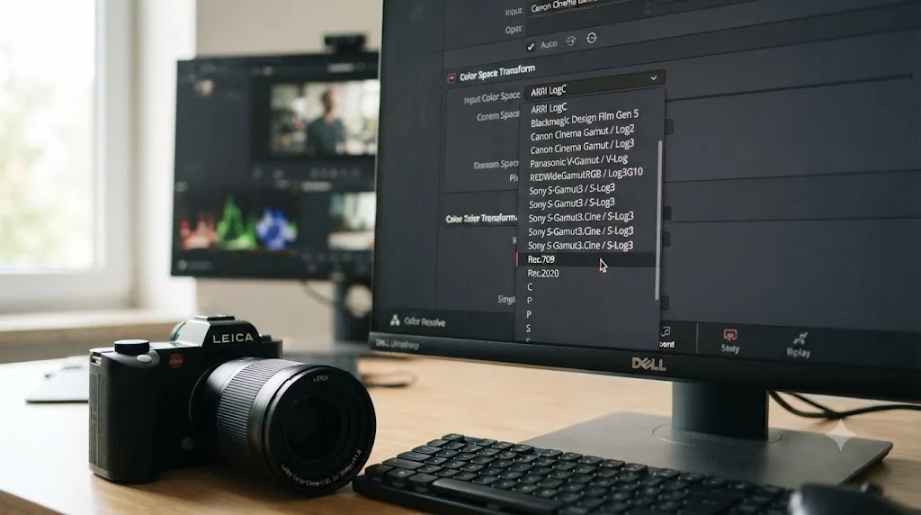 Illustration of the DaVinci Resolve Color Space Transform input dropdown listing Sony and Panasonic camera presets with no Leica entry