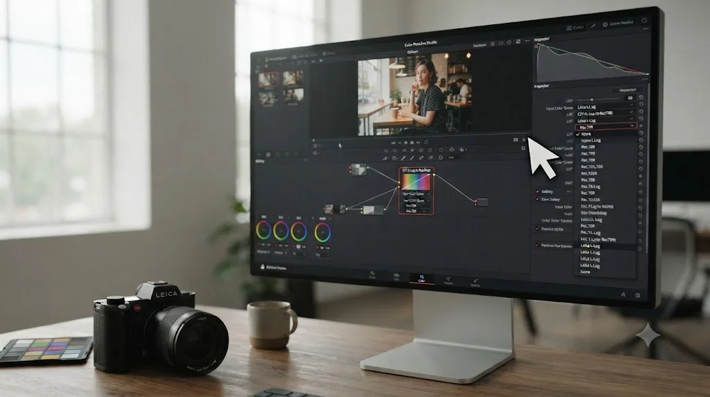 Illustration of an on-screen assistant highlighting where to load a LUT inside a DaVinci Resolve Color Space Transform node on a Mac
