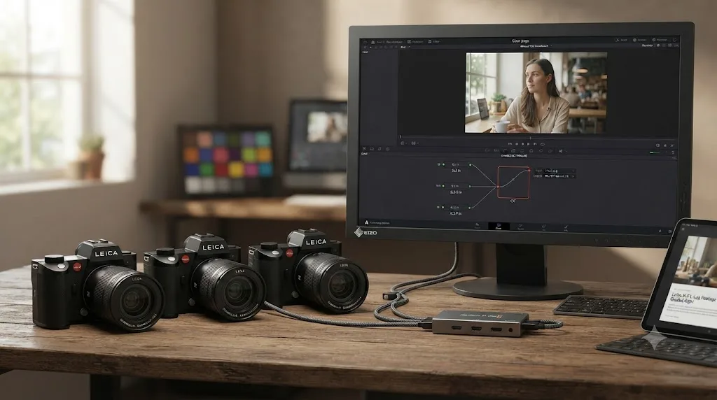Illustration of the Leica SL3, SL3-S, and SL3-P cameras sharing one DaVinci Resolve Color Space Transform pipeline for L-Log footage