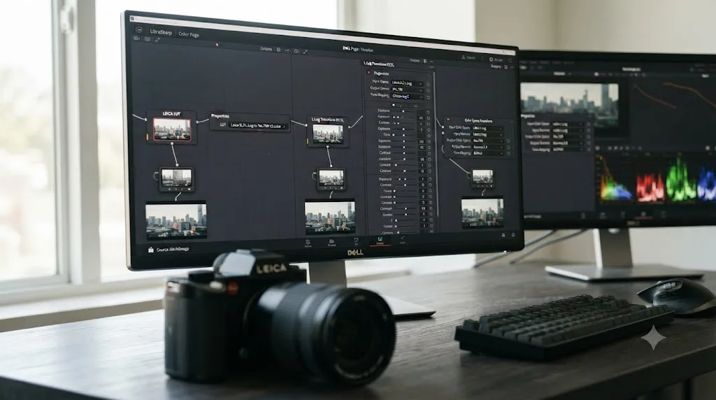 Illustration comparing a Leica LUT, a DCTL plugin panel, and a manual Color Space Transform node converting the same Leica SL3 clip