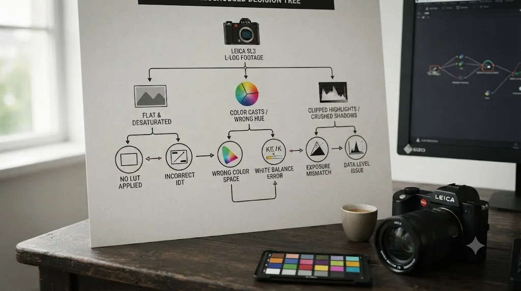Illustration of a troubleshooting decision tree matching Leica SL3 L-Log footage symptoms in DaVinci Resolve to their causes