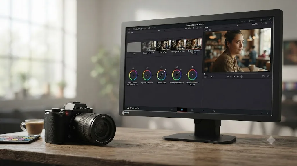 Illustration of a five-node DaVinci Resolve node graph taking Leica SL3 L-Log footage from flat source to finished Rec.709 grade