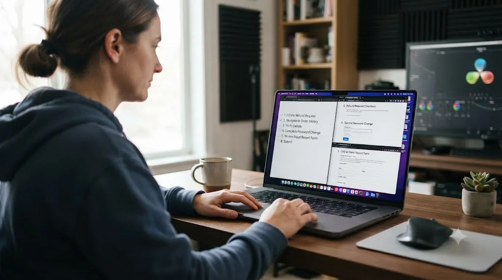 Illustration of a person following a numbered checklist covering a refund request, a password change, and a fraud report
