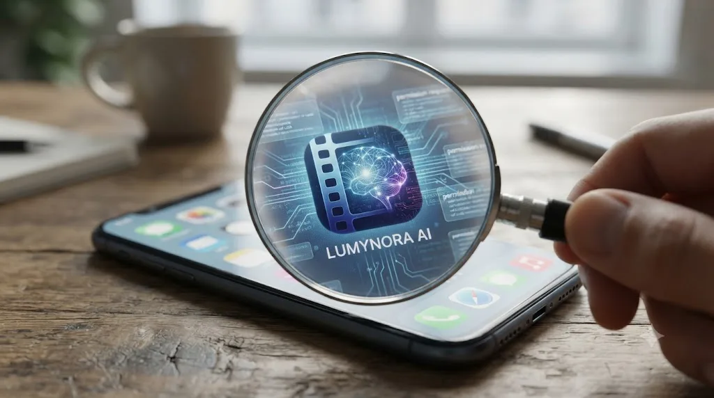 Illustration of a magnifying glass inspecting a video editing app icon for hidden permissions