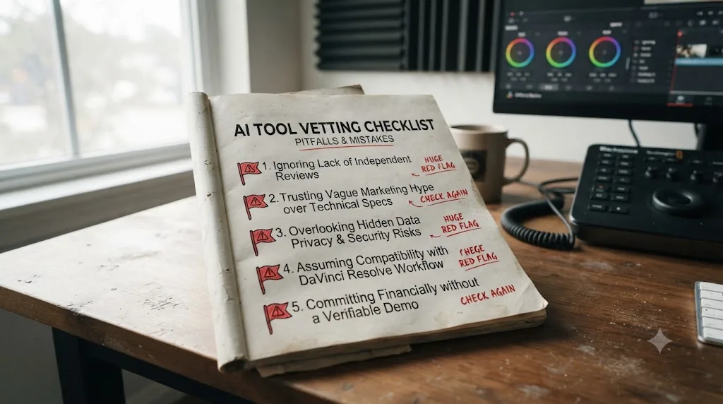 Illustration of a checklist of common mistakes with warning icons next to each one about vetting unverified AI tools