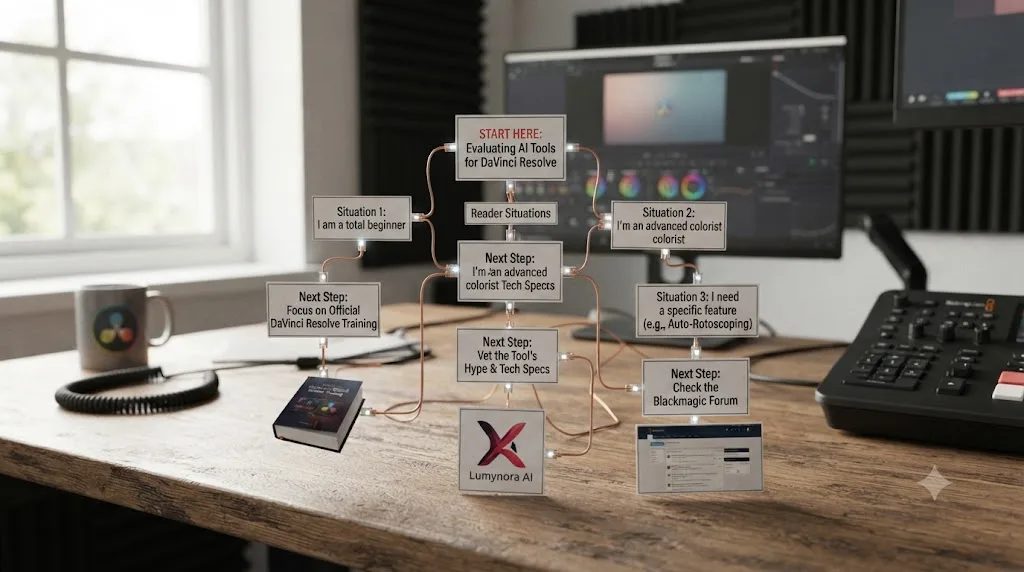 Illustration of a decision flowchart matching reader situations to concrete next steps for AI tools in DaVinci Resolve