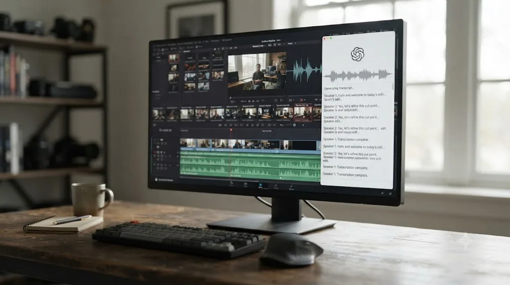Illustration of a DaVinci Resolve timeline with a free open-source AI transcription tool running alongside it