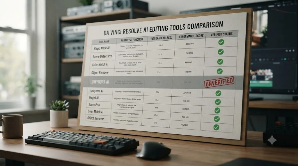 Illustration of a comparison chart of AI editing tools for DaVinci Resolve with one row grayed out and marked unverified