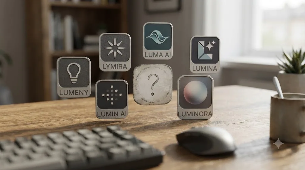 Illustration of several real AI app icons with similar names clustered around a faded, unreadable icon