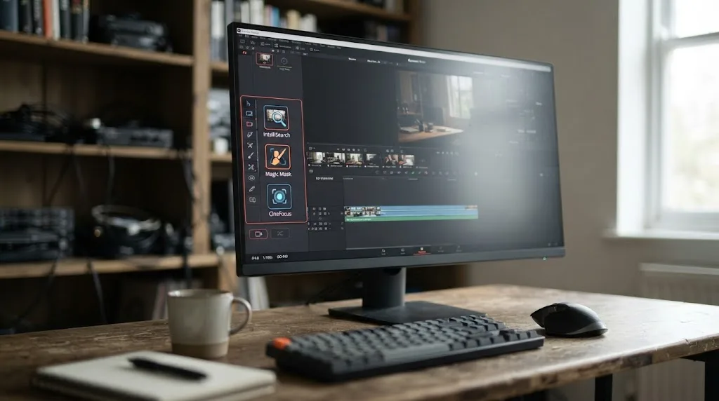 Illustration of the DaVinci Resolve Neural Engine's IntelliSearch, Magic Mask, and CineFocus tools shown as labeled toolbar icons