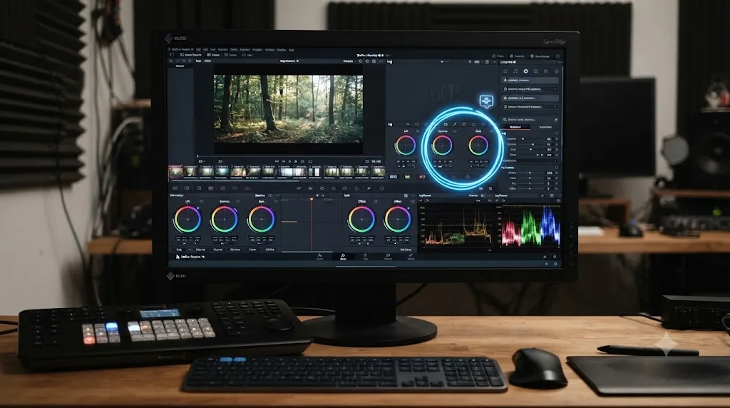 Illustration of an on-screen assistant drawing a circle around a control inside a DaVinci Resolve interface