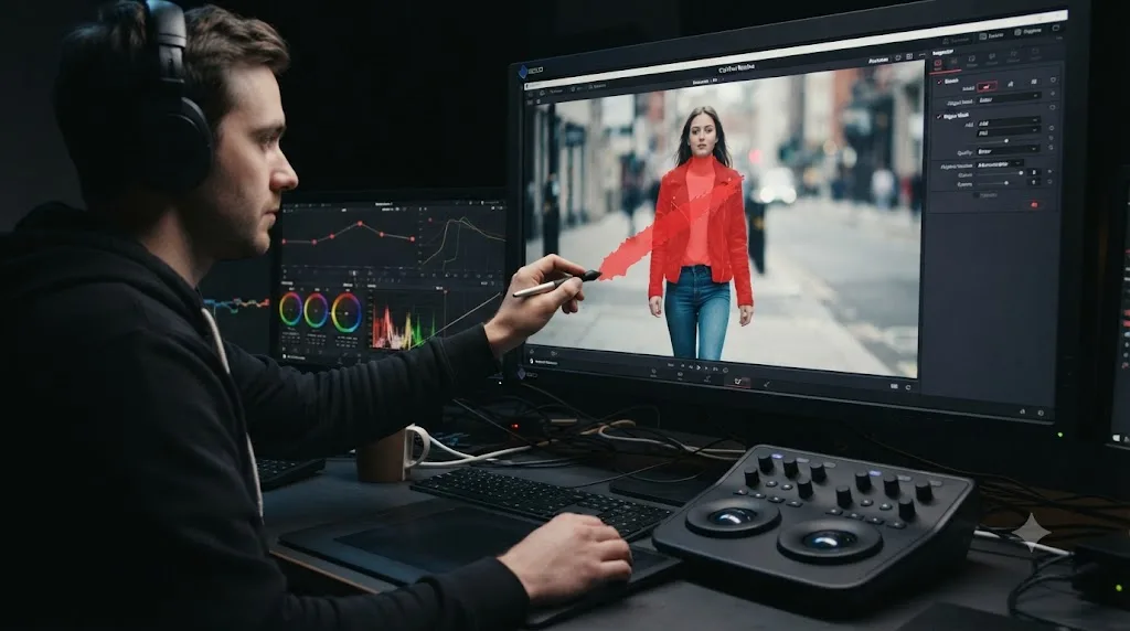 Illustration of a brush stroke creating a red mask overlay over a person in DaVinci Resolve