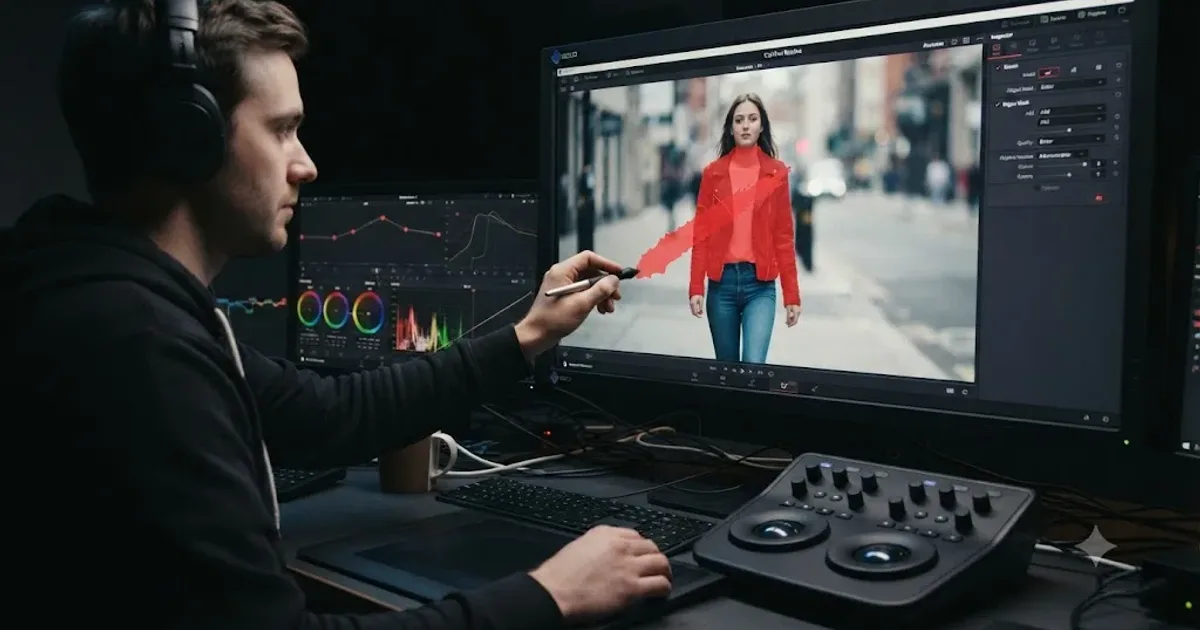 Illustration of a person on a video timeline being isolated by an AI mask in DaVinci Resolve