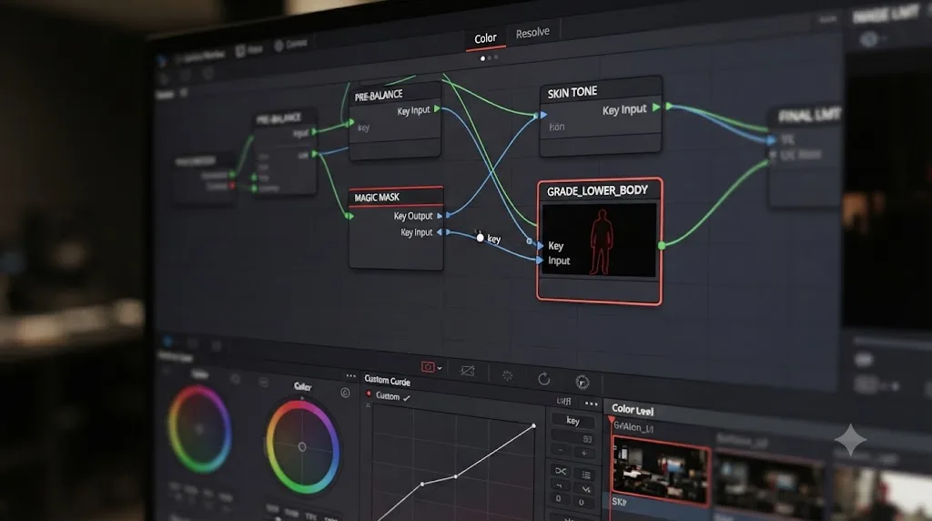 Illustration of a traveling matte node linked to an active color grading node in DaVinci Resolve
