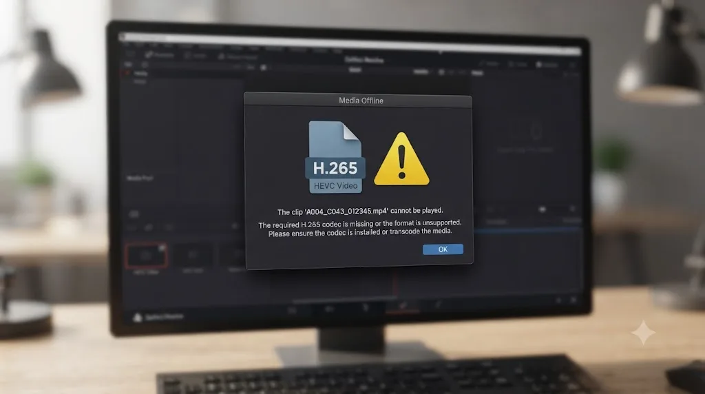 Illustration of an H.265 video file icon with a missing codec warning