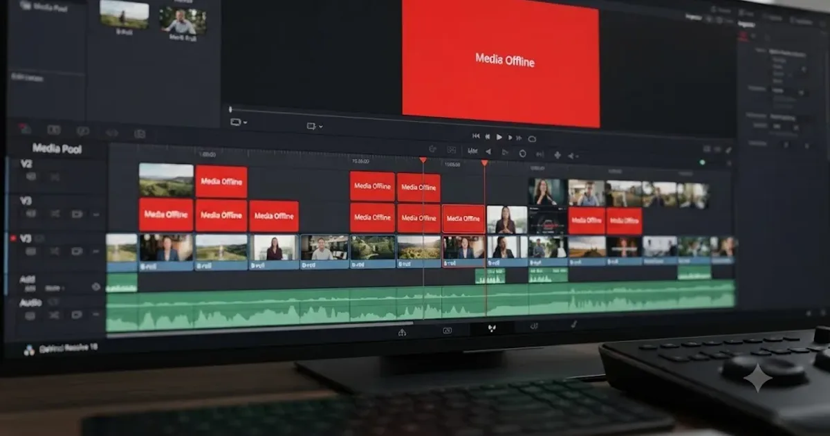 Illustration of clips marked offline on a DaVinci Resolve timeline