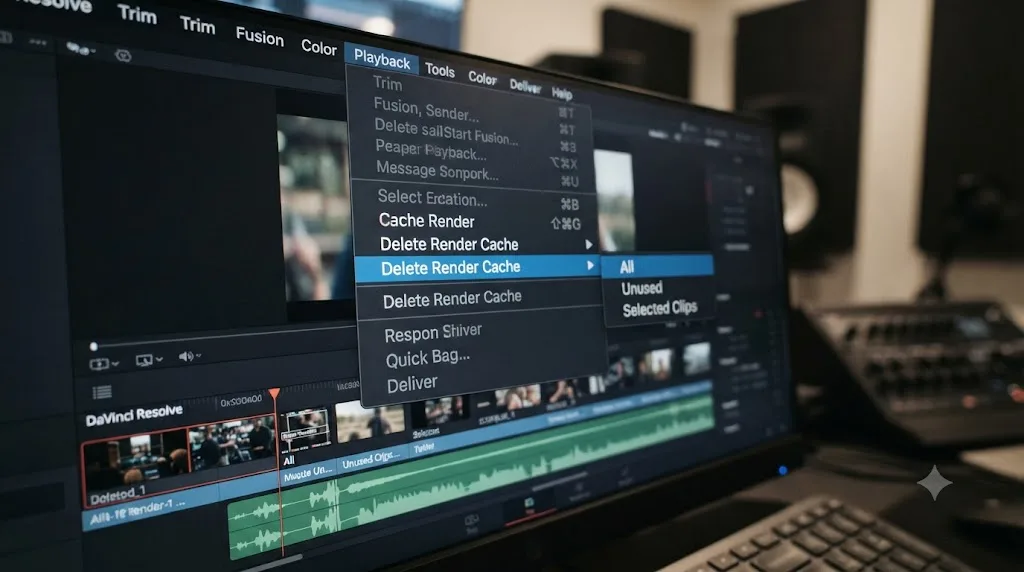Illustration of the Delete Render Cache menu in DaVinci Resolve's Playback menu