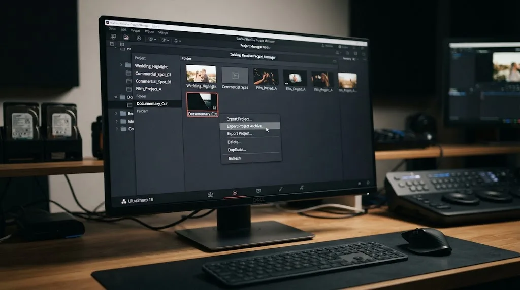 Illustration of exporting a project archive in DaVinci Resolve before moving media
