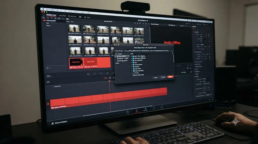 Illustration of the relink dialog open in the DaVinci Resolve Media Pool