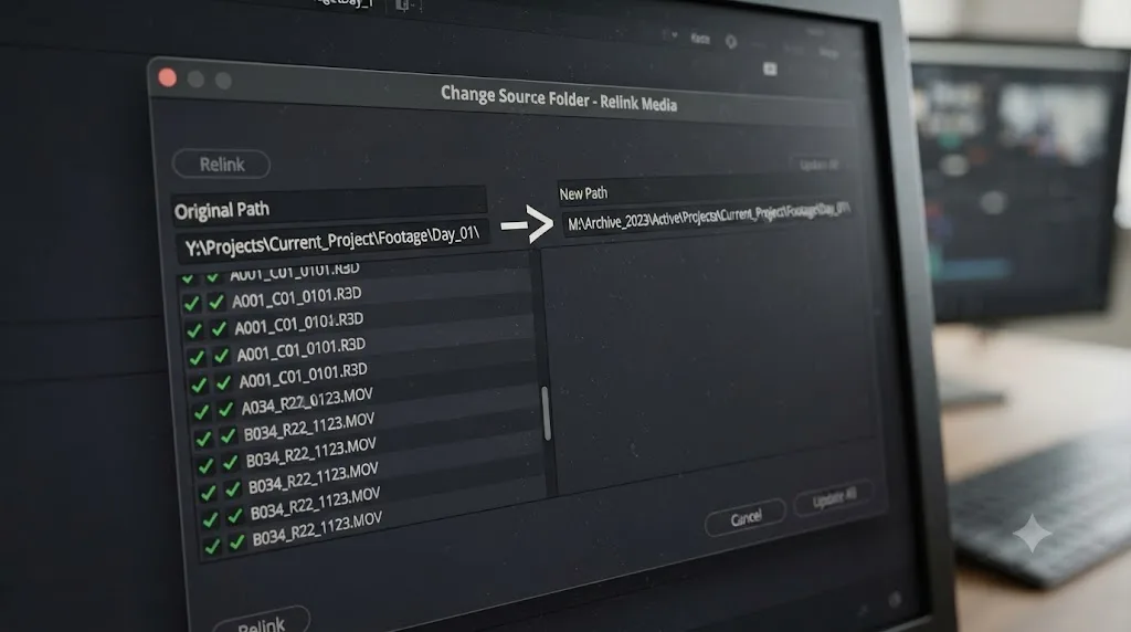 Illustration of DaVinci Resolve swapping a stored path prefix during Change Source Folder