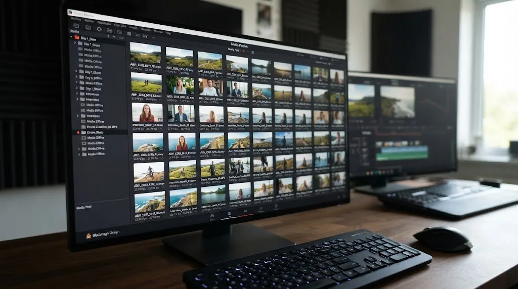 Illustration of clips restored to online status in the DaVinci Resolve media pool