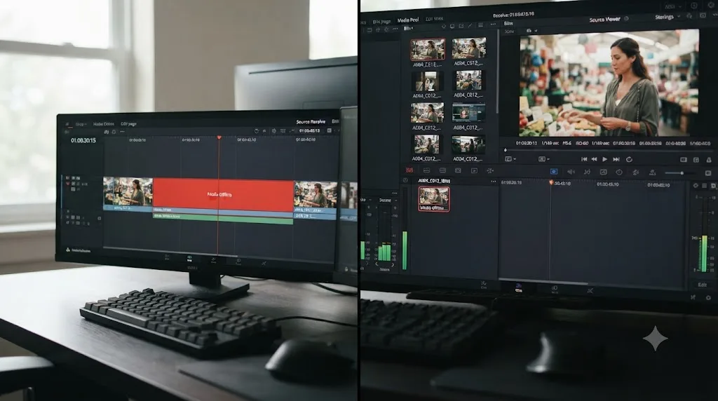 Illustration of a clip offline in the timeline while the same clip plays in the Media Pool