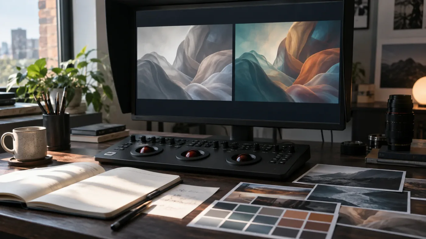 Illustration of a DaVinci Resolve color practice exercise with technical and creative passes