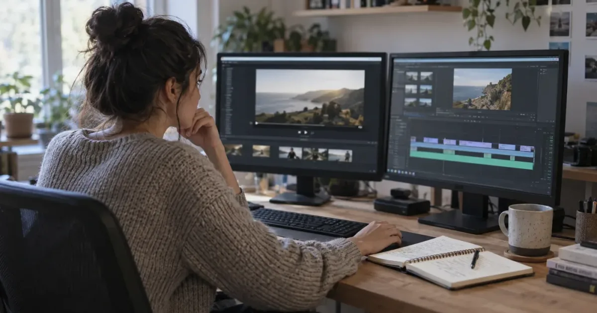 Illustration of a DaVinci Resolve learner choosing between repeating a lesson and practicing in a timeline