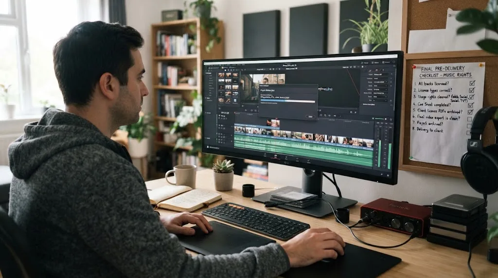 Illustration of a freelance editor checking music rights before client delivery