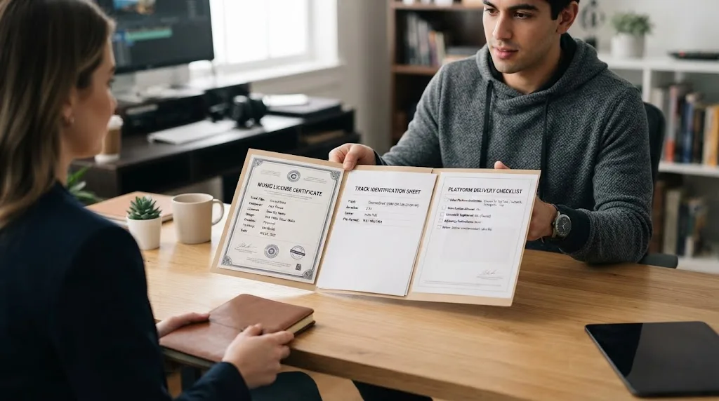 Illustration of a music license handoff packet for a video client