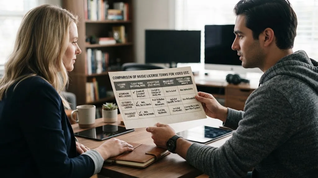 Illustration of music license terms compared for client video uses
