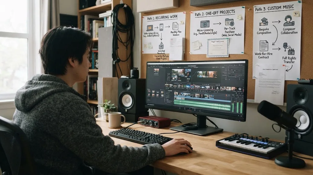 Illustration of three music licensing paths for freelance video editors