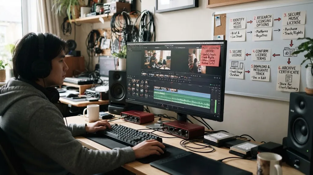 Illustration of a music licensing workflow for a freelance video editor
