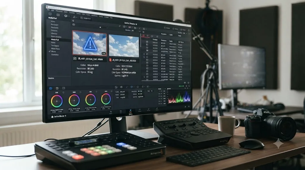Illustration of a DaVinci Resolve Media Pool showing a Nikon N-RAW clip with a blue channel clipping issue next to a renamed R3D version of the same file