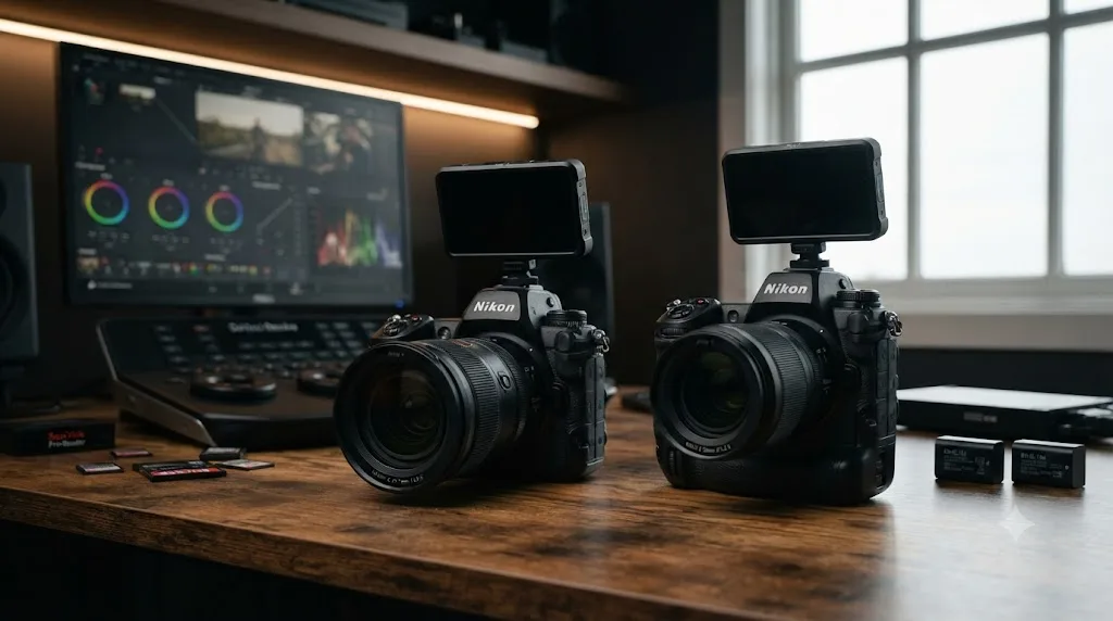 Illustration comparing a Nikon Z8 camera next to a Nikon Z9, representing a buyer's choice between the two bodies for video work