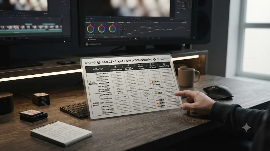 Illustration of a settings cheat sheet table for Nikon Z8 N-Log and N-RAW import and Color Space Transform values in DaVinci Resolve