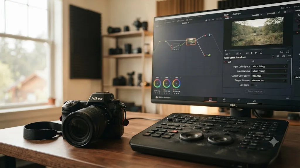 Illustration of a Nikon Z8 camera next to a DaVinci Resolve Color Space Transform panel set to Rec.2020 and Nikon N-Log