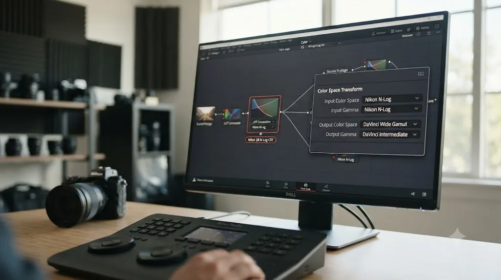 Illustration of a DaVinci Resolve Color Space Transform node converting Nikon Z8 N-Log footage from Rec.2020 to DaVinci Wide Gamut