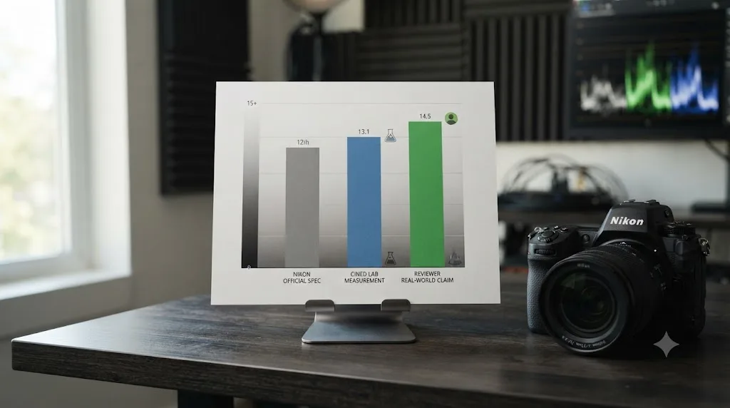 Illustration of a bar chart comparing Nikon's own dynamic range figure, CineD's lab measurements, and a reviewer's real-world dynamic range claim for N-Log